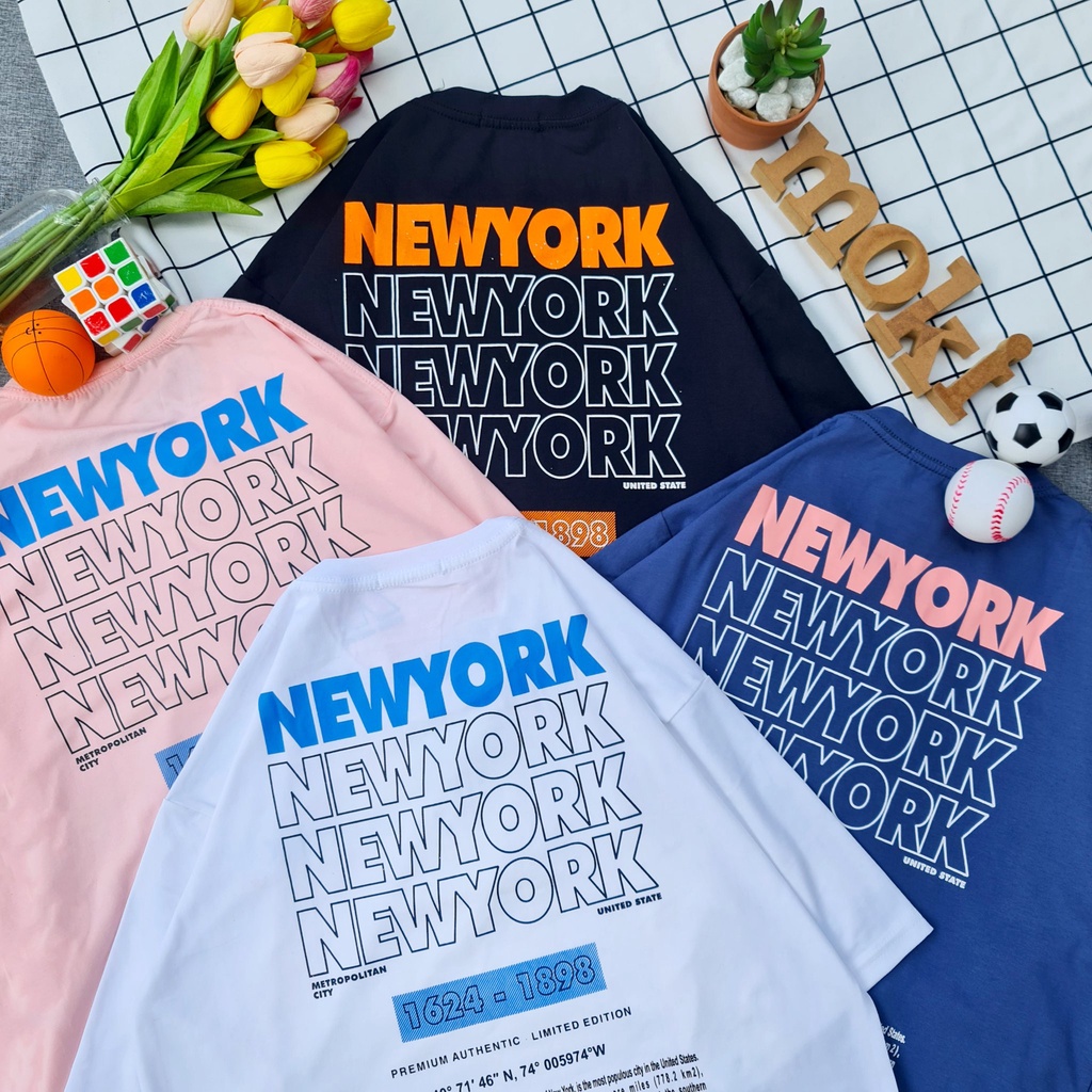 Áo phông áo thun nam nữ tay lỡ from rộng freesize chất cotton thoáng mát in chữ New york đơn giản