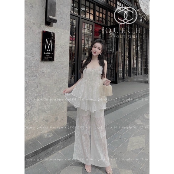 Set áo 2 dây gân xoè đính hoa quần suông quế chi