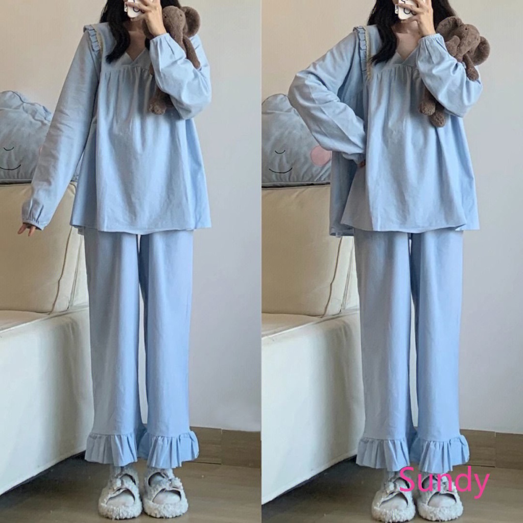 Bộ Đồ Ngủ Tay Dài Phối Bèo Màu Trơn Thời Trang Thu Đông Phong Cách Hàn Quốc Cho Nữ