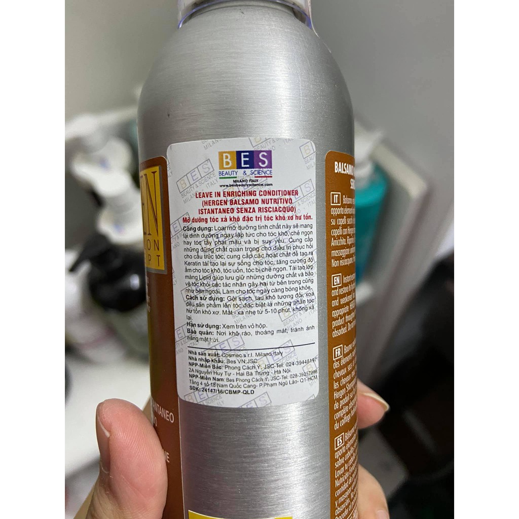 [ Hergen Chính hãng ] Mỡ Dưỡng Xả Khô Bes Hergen Leave in Enriching Conditioner Cho Tóc Khô Sơ Hư Tổn 300ml (ITALY)