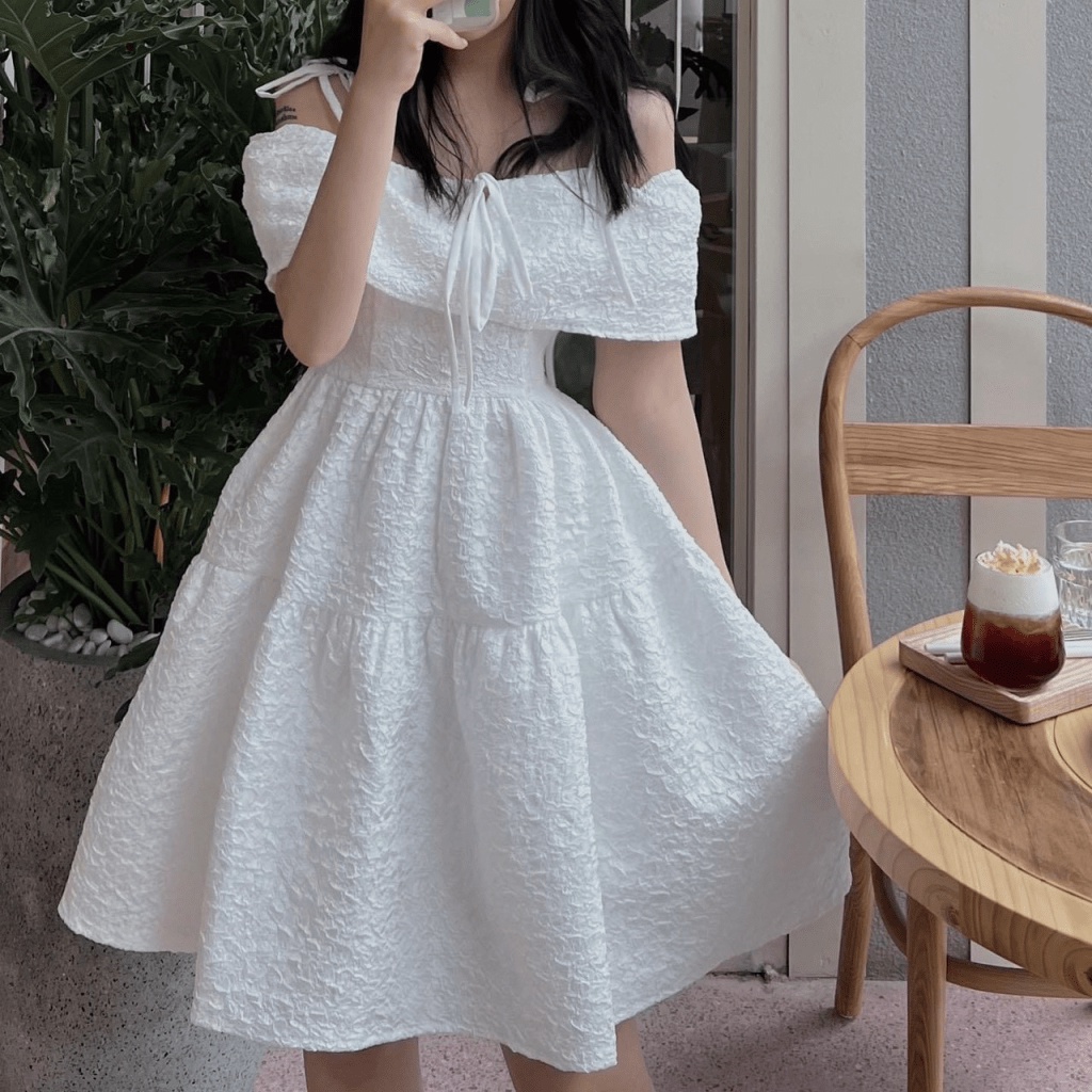 (Free Ship) Đầm Xốp Trễ Vai Dáng Xòe Siêu Dễ Thương UP