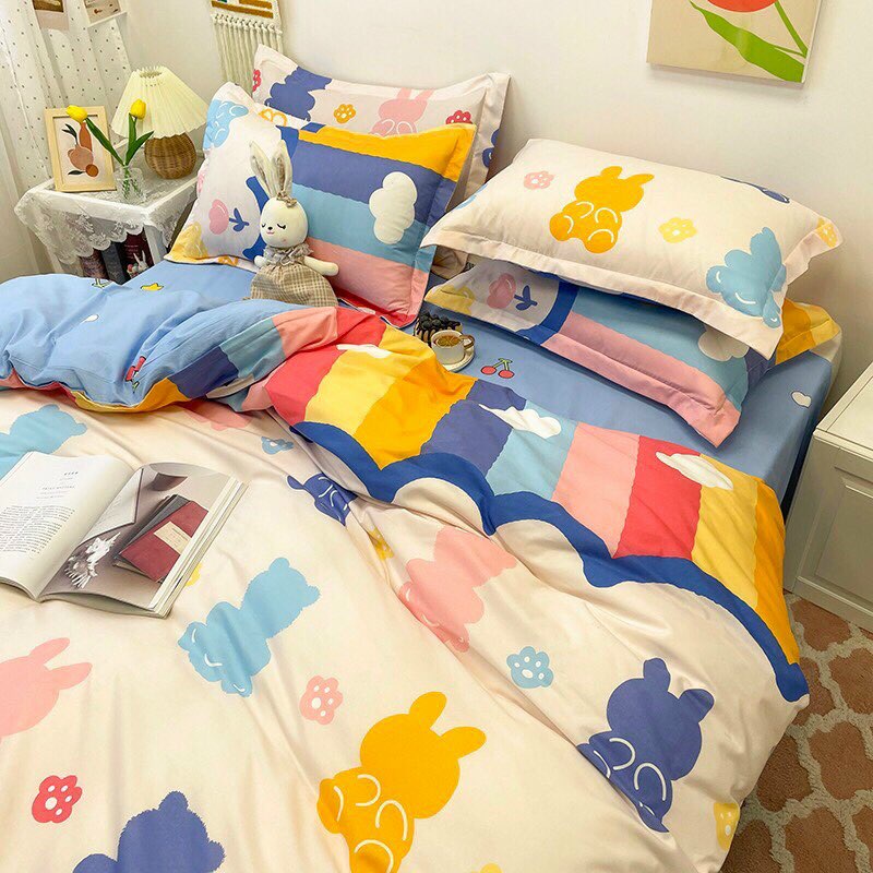 [Nhập khẩu] Bộ chăn ga gối poly thỏ gấu cầu vồng - 4 món - Miễn phí bo chun ga