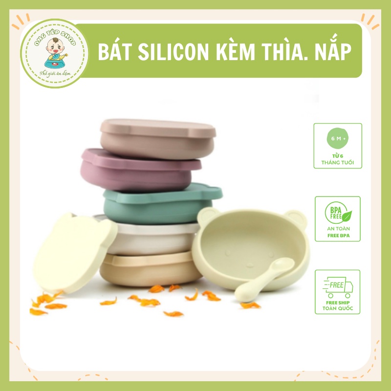 Set ăn dặm silicon 3 chi tiết: bát ăn dặm silicon, thìa muỗng silicon kèm khay ăn dặm silicon kiêm nắp đậy Bobby Doll