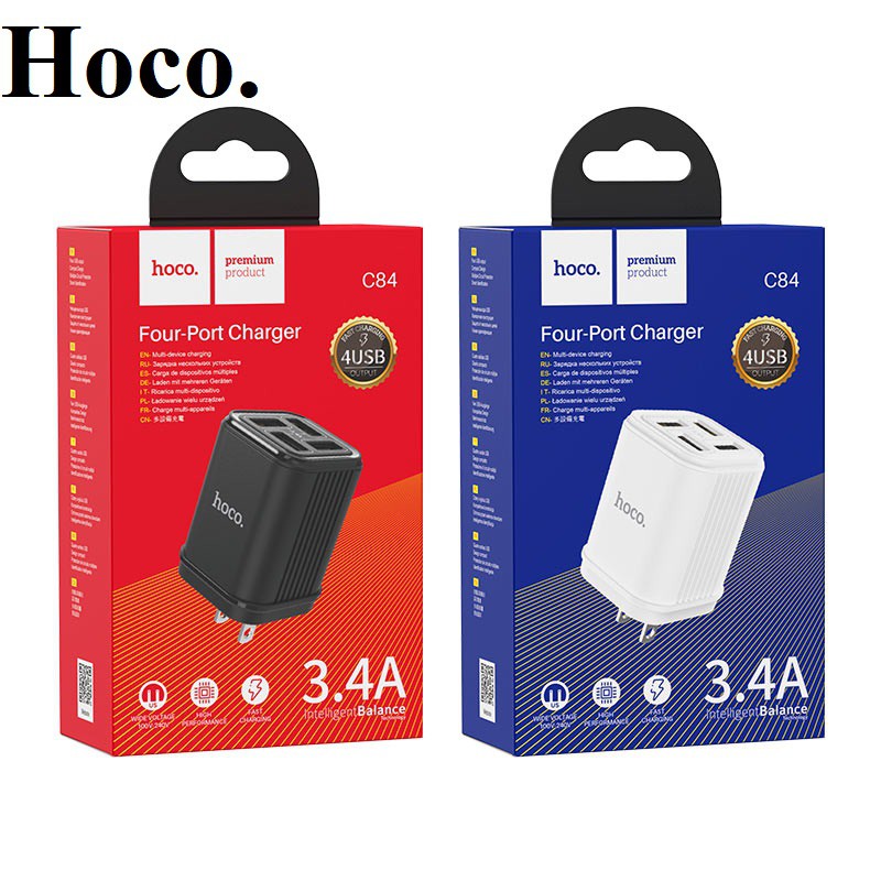 Củ Sạc Nhanh 4 Cổng Thông Minh Hoco CHÍNH HÃNG  3.4A - Chân cách điện tiện dụng