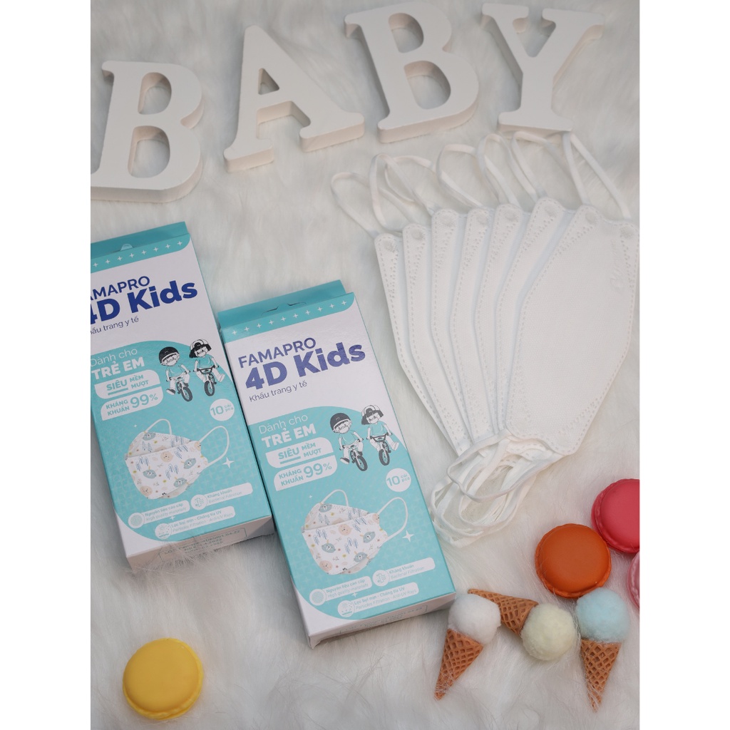 [COMBO 5 HỘP] Khẩu Trang y tế Trẻ Em 4D Baby FAMAPRO kháng khuẩn hộp 10 cái