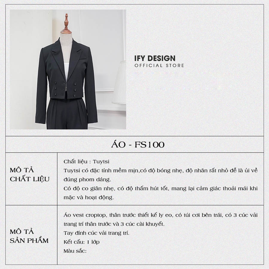 SET bộ vest nữ croptop | Áo Vest croptop dài tay dáng ngắn, Quần Ống Suông đen, be cạp cao IFY Design FS100