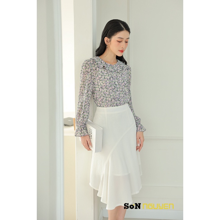 SONNGUYEN Áo sơ mi nữ công sở hoa nhí cổ lá sen tay dài 28404