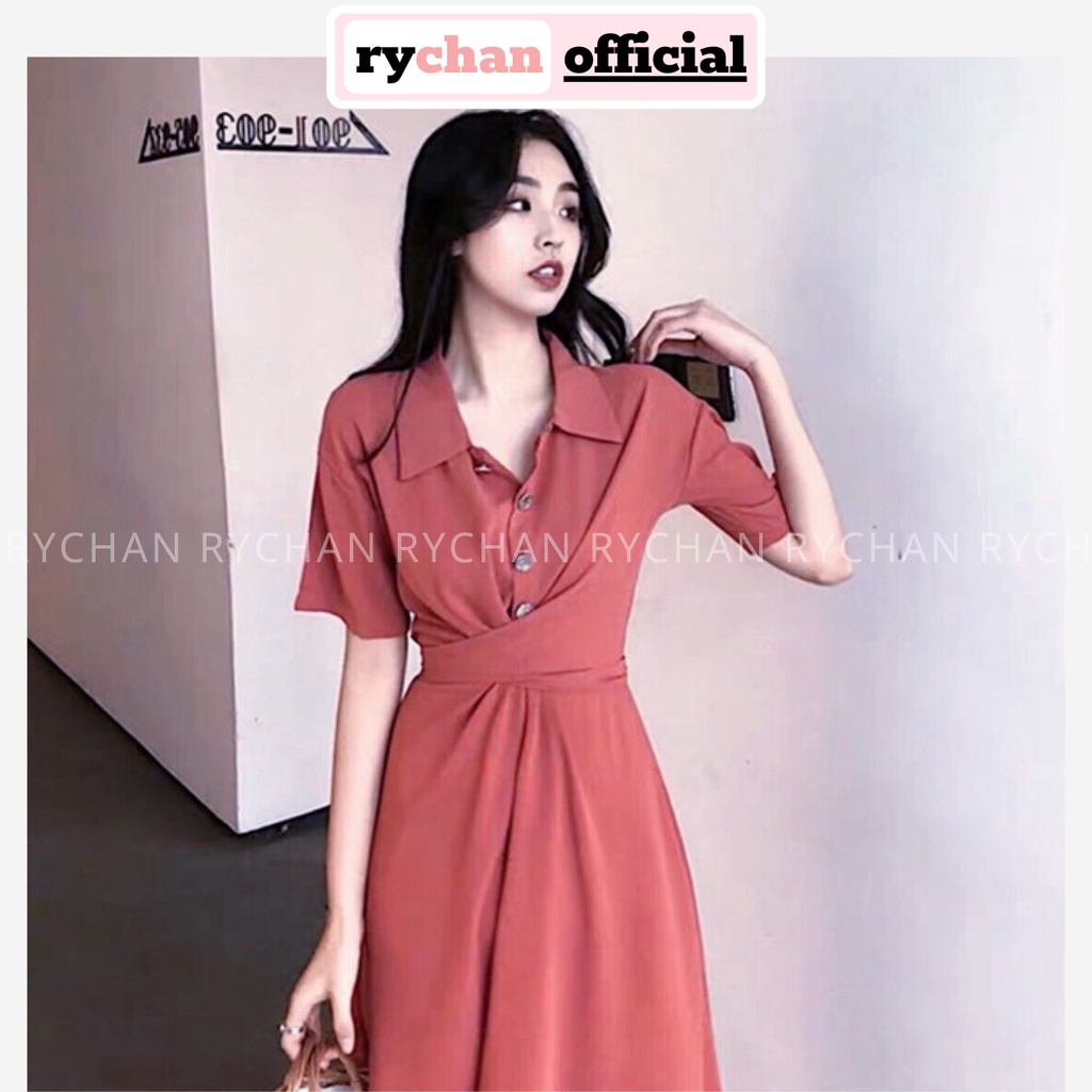 Đầm Váy Sơ Mi Nữ Cách Tân Nút Trước Chéo Eo Cực Thanh Lịch Màu Hồng Ruốc Xanh Đen - DX9886