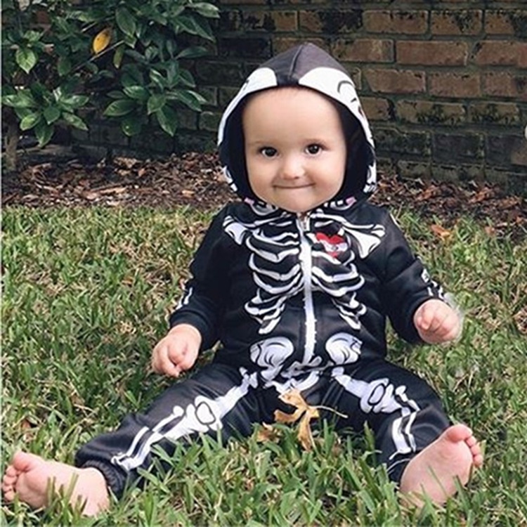 Bộ Áo Liền Quần Dài Tay Có Mũ Hình Bộ Xương Halloween Cho Bé