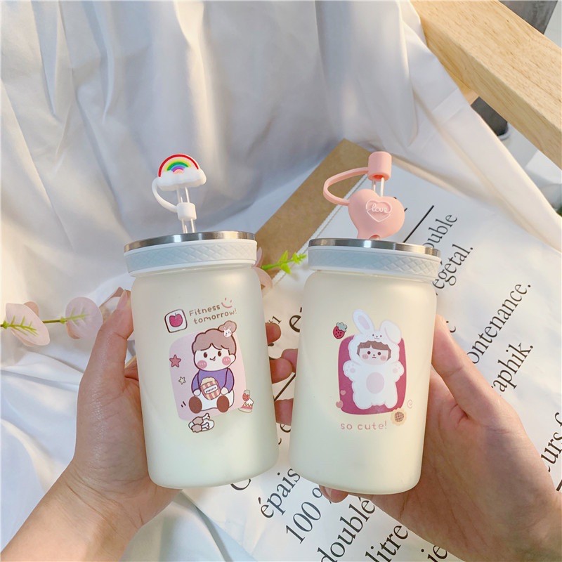 Cốc/Bình Thủy Tinh Đựng Nước Dày Kèm Ống Hút Họa Tiết Hoạt Hình Siêu Dễ Thương