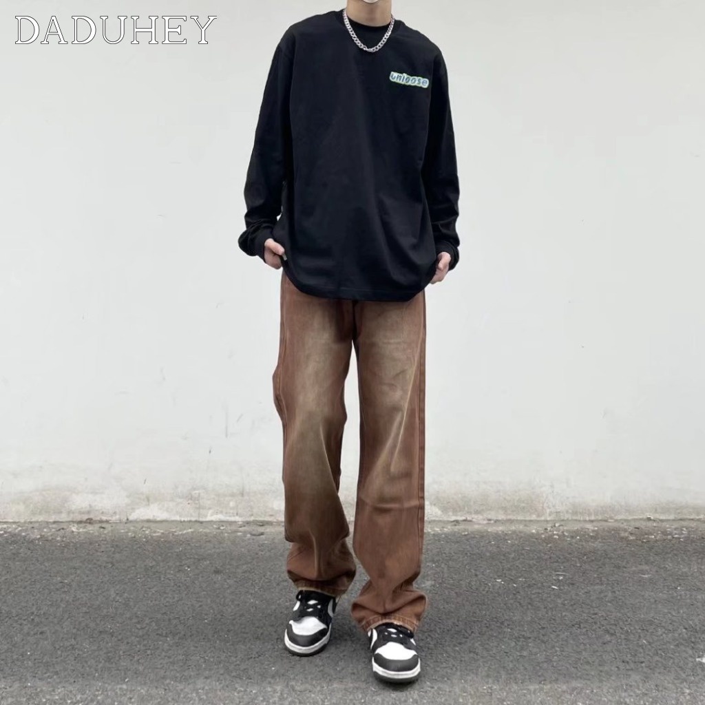 DaDuHey Men's Summer 2022 American High Street Jeans Washed-out Vintage Loose Straight All-Matching Draping Pants