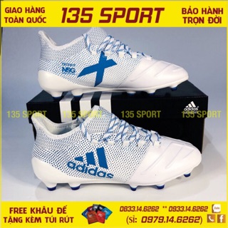Giày Đá Bóng Đinh Cao X17.1 Leather Trắng Chấm Bi Xanh FG