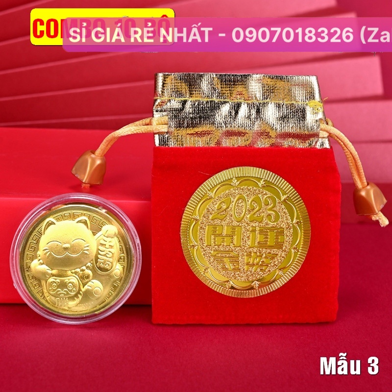 COMBO 10 Đồng Xu Hình Mèo Vàng , tặng túi gấm đỏ 2023 - Mẫu 3