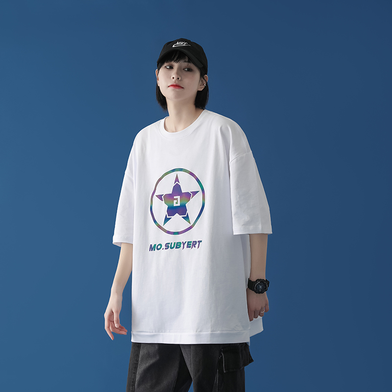 Áo thun nam nữ ngắn tay form rộng in phản quang ngôi sao năm cánh, chất thun cotton xịn mềm mát mặc mùa hè | BigBuy360 - bigbuy360.vn