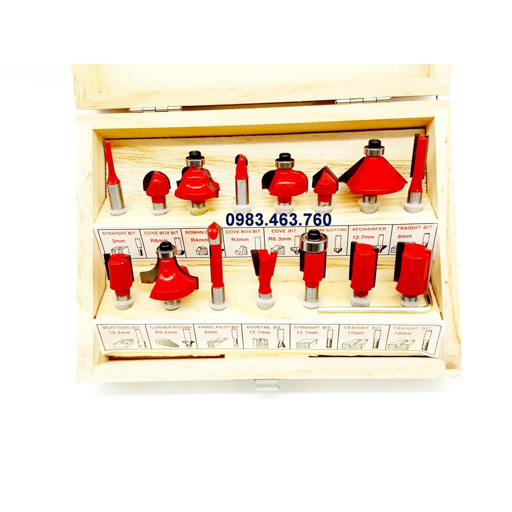 BỘ 15 MŨI PHAY GỖ CỐT NHỎ 6.3mm CAO CẤP