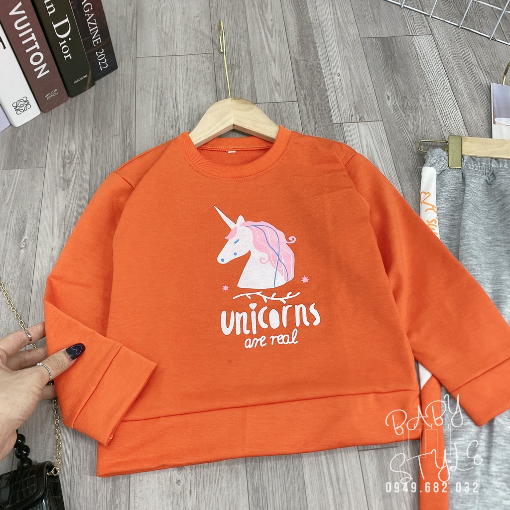 Bộ quần áo thu đông dài tay &quot;UNI&quot; 14-45kg cho bé gái 4-14 tuổi. Vải da cá dày dặn. Thoải mái. G45