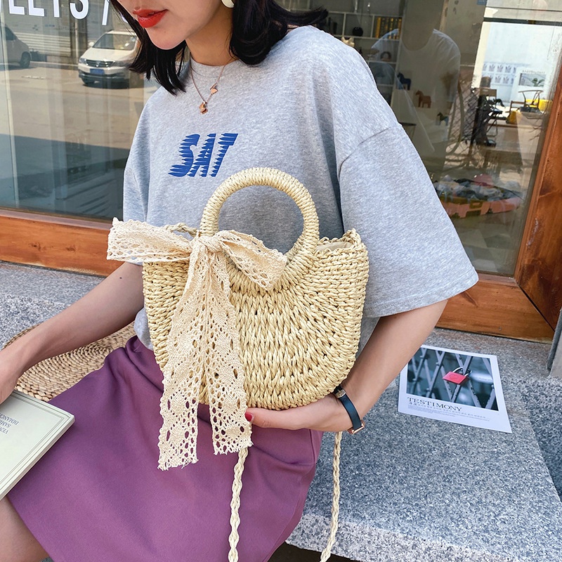 Túi cói đi biển bán nguyệt xách tay Vintage nhỏ