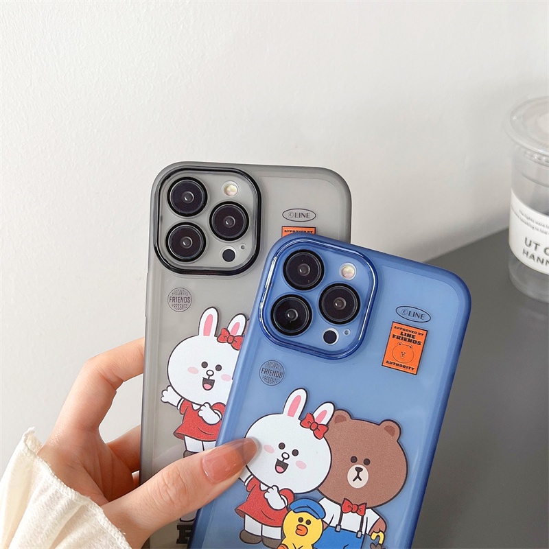 LINE FRIENDS Ốp Điện Thoại Kính Cường Lực Bảo Vệ Ống Kính Họa Tiết Gấu Nâu Hoạt Hình Cho iPhone 13 Pro Max/13/12 Pro Max/12/11 Pro Max/XS Max/XR/X/SE/7/8 Plus