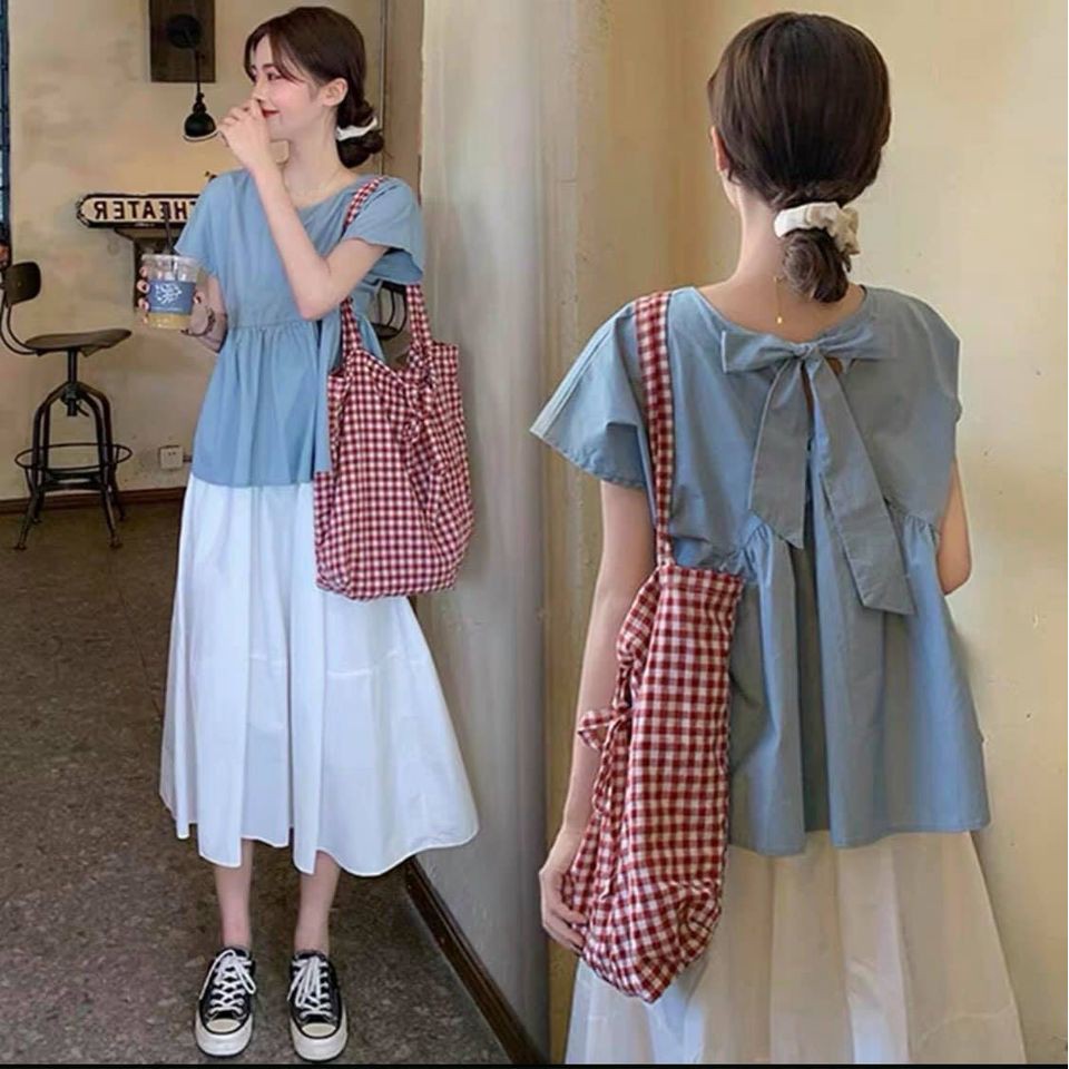 Set áo babydoll nơ kèm chân váy dài có lót như hình