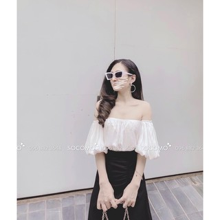 Set áo trễ vai trắng, chân váy đen dúm