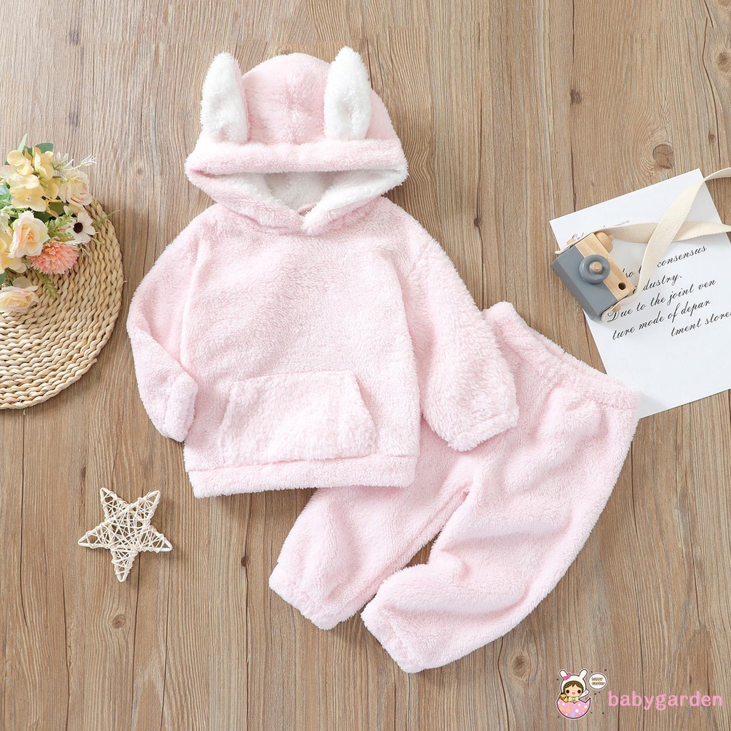 Bộ Áo Hoodie Dài Tay + Quần Dài Màu Hồng Trơn Bằng Vải Bông Dành Cho Bé Gái
