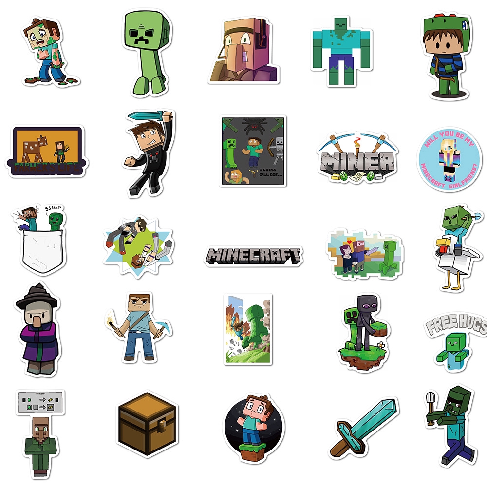 Sticker Bộ 50 Miếng Dán Trang Trí Chống Thấm Nước Hình Game Minecraft