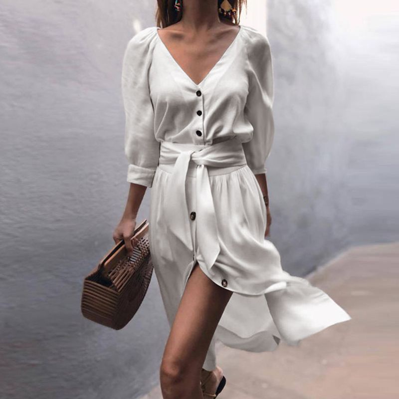 Xiangbao Đầm Dài Dáng Rộng Tay Lửng Cổ Chữ V Màu Trơn Buộc Dây Cài Nút Cho Nữ