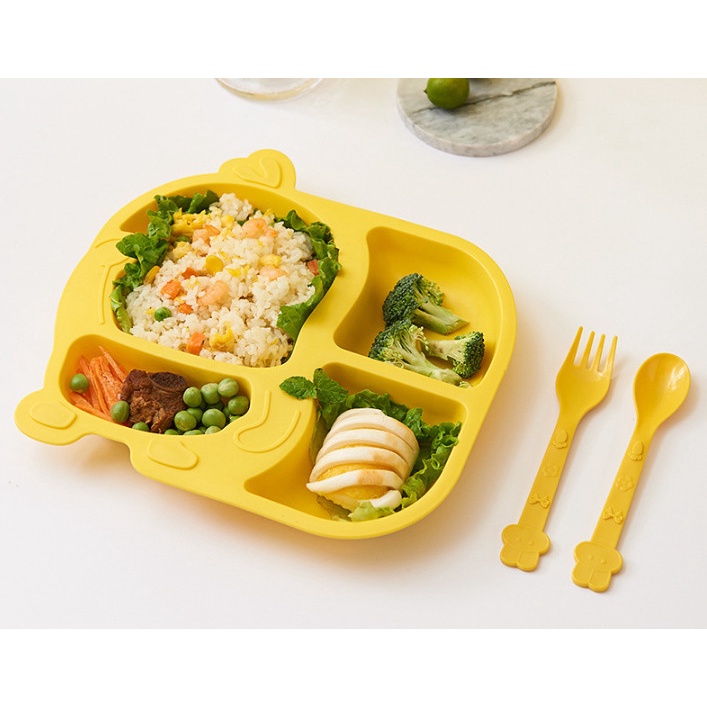 Combo Khay Ăn Dặm Cho Bé + Cốc Uống Nước + Bát Ăn Dặm Kèm Thìa Dĩa Hình Vịt Vàng Đáng Yêu Giúp Trẻ Em Tập Ăn BLW 4 Ngăn