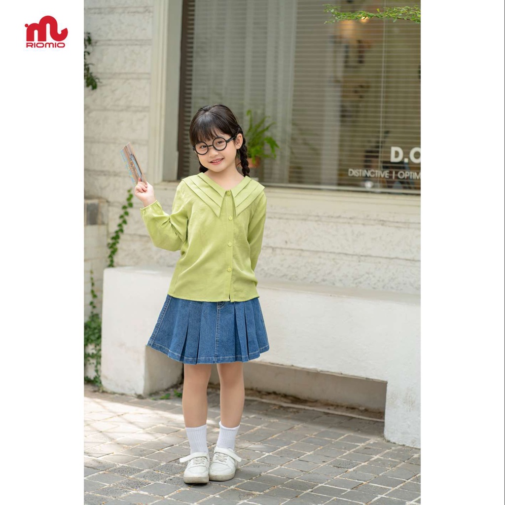 Áo sơ mi cho bé gái 5-12 tuổi size 20-50kg RIOMIO dài tay cổ shup đồng phục đi học đi chơi chất đũi mềm mát - RA285