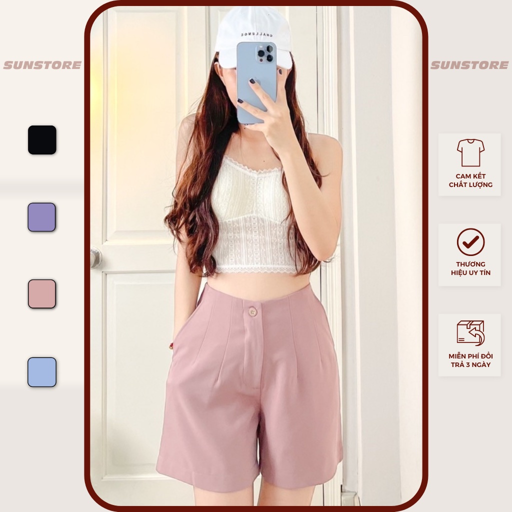 Quần short nữ ống rộng, quần đùi sooc lưng liền xếp ly có túi 4 màu