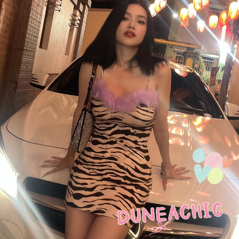 DUNEA Đầm Nhung Trễ Vai Kẻ Sọc Thời Trang Đường Phố Cá Tính Cho Nữ