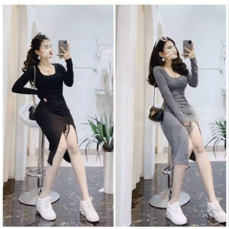 Đầm body tay dài xẻ tà rút