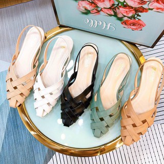 Giày búp bê nữ bánh bèo, giày sandal nữ đế bằng mũi nhọn phối dây thời trang màu nâu