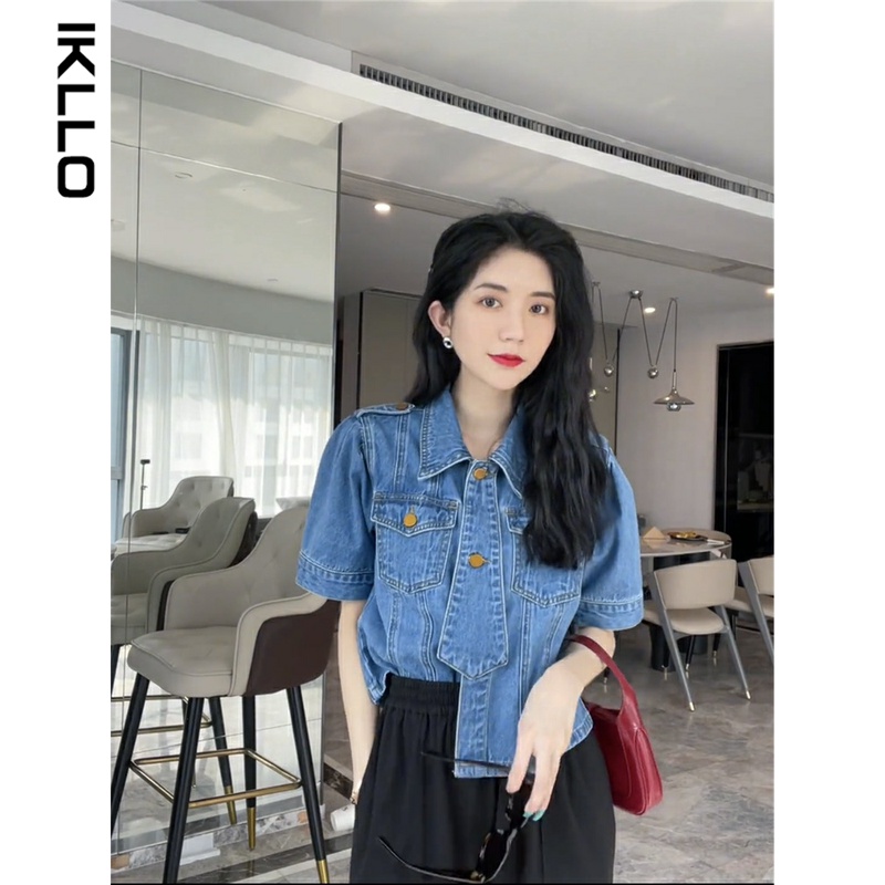 Áo sơ mi denim thiết kế cổ điển kiểu Pháp thời trang mùa xuân và mùa hè cho nữ