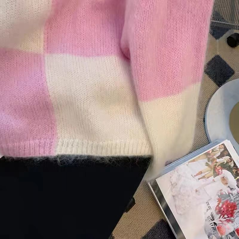 Áo Len Sáp Mềm Ngắn Kẻ Caro Màu Tương Phản Kiểu Phương Tây Thời Trang Mùa Thu Cho Nữ