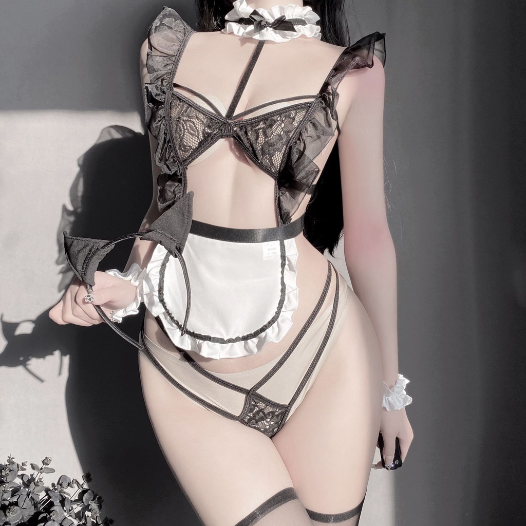Đồ ngủ sexy đồ ngủ nữ cosplay người hầu mèo sexy ren lưới hoa văn màu đen freesize QUENQUEN store a1 | BigBuy360 - bigbuy360.vn
