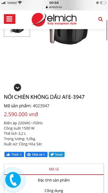 NỒI CHIÊN KHÔNG DẦU ELMICH 3947 3,2LÍT, HÀNG NHẬP