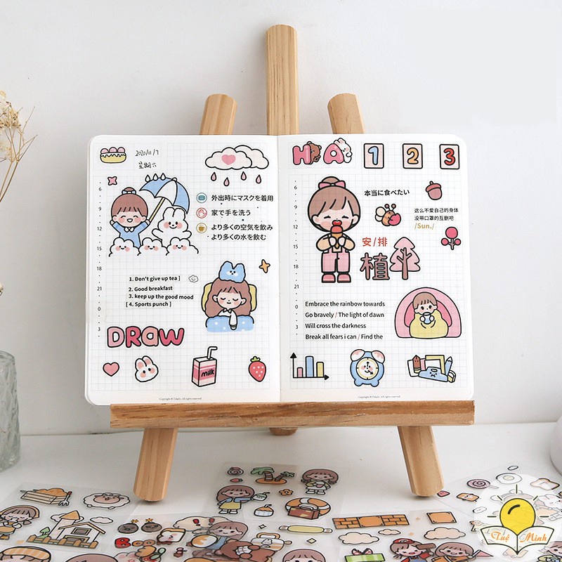 Set 20 tấm 100 miếng sticker nhãn dán Cô nàng dễ thương cute trang trí sổ, điện thoại, nhãn dán laptop