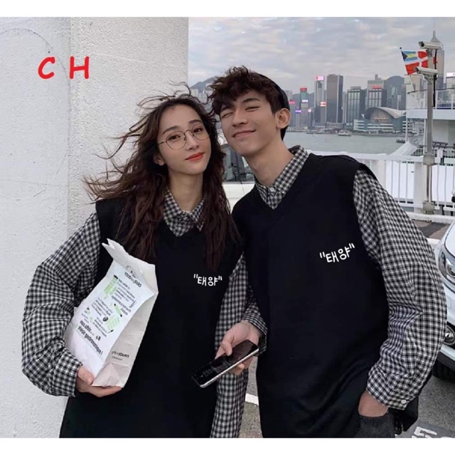 Sét gile chữ hàn + sơ mi kẻ nhỏ COH599