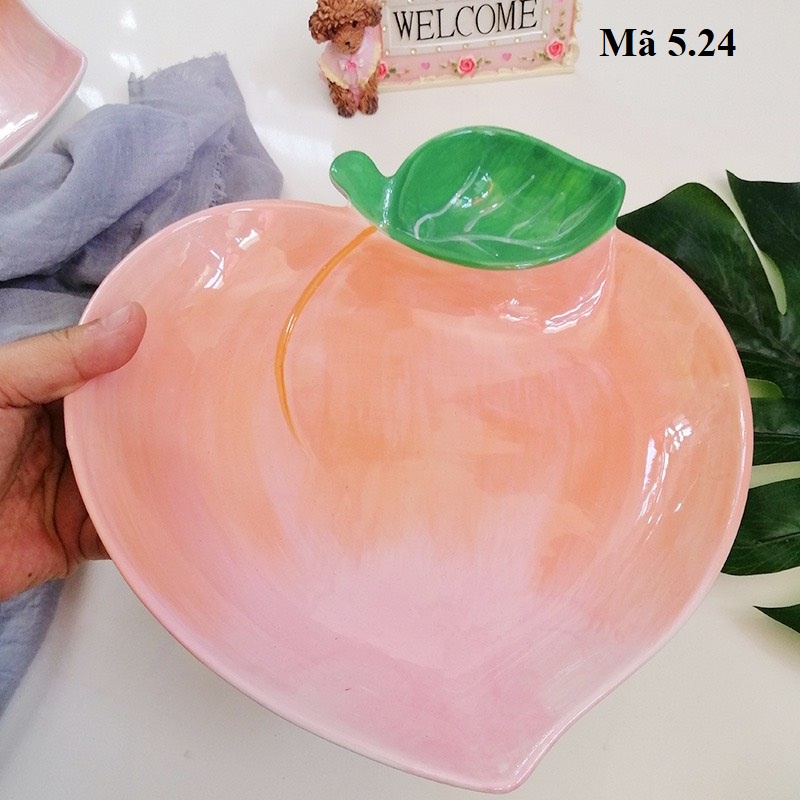 Bát đĩa bằng sứ hình quả đào, đồ dùng ăn dặm cho bé 5.24