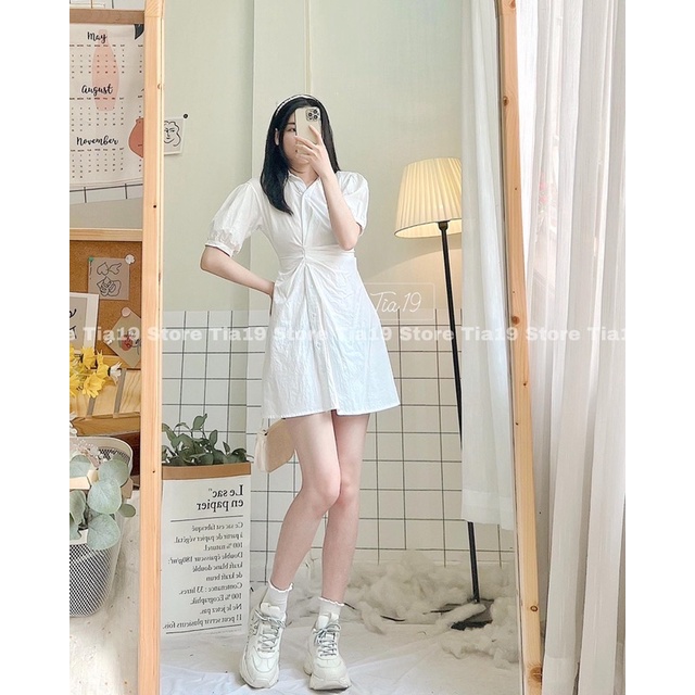 Váy sơmi cộc tay xoắn eo ulzzang Tia19. Đầm sơ mi dáng ngắn lệch eo