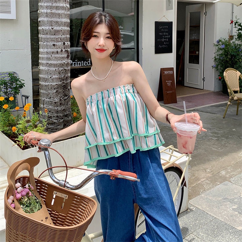 Jiashucheng Áo Sơ Mi Ngắn Tay Ống Bay Họa Tiết Kẻ Sọc Thời Trang Mùa Hè Kiểu Pháp Có Thể Tháo Rời Cho Nữ