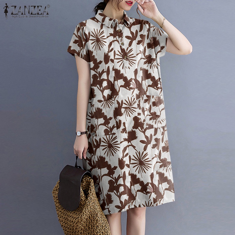 Đầm nữ Zanzea dáng rộng tay ngắn cổ bẻ in họa tiết thời trang