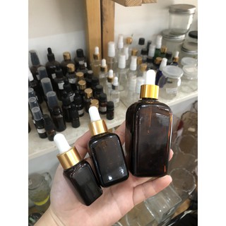 Lọ tinh dầu, serum thủy tinh vuông nâu nắp bóp giọt các cỡ