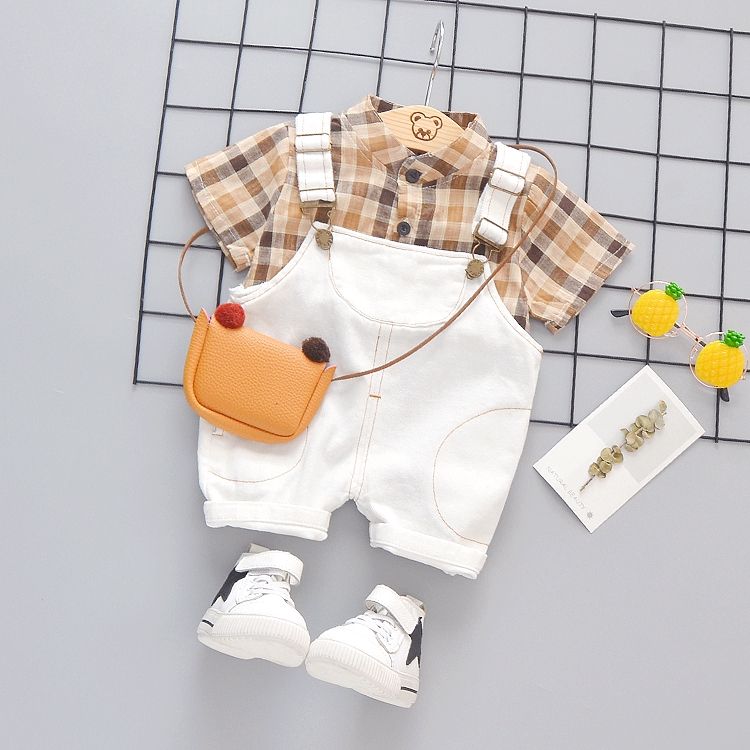 Set áo sơ mi tay ngắn quần sọc caro + quần yếm đáng yêu thời trang dành cho bé trai