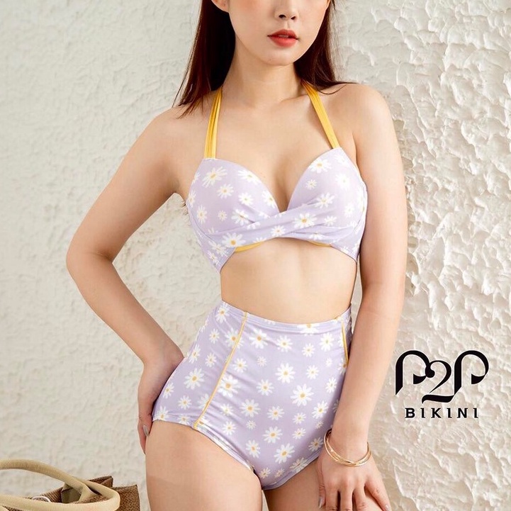 P2P BIKINI - Bikini hai mảnh push up cột dây, quần lưng cao hoa tím - BTK360HT_LC