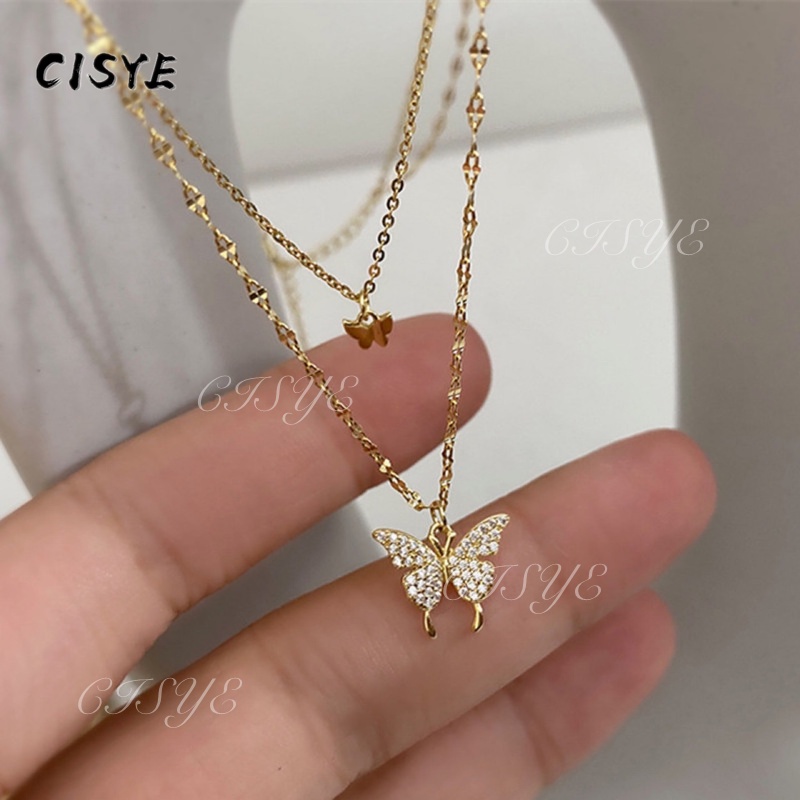 Dây chuyền hai lớp mặt hình bướm đính đá zircon không gây dị ứng cho nữ