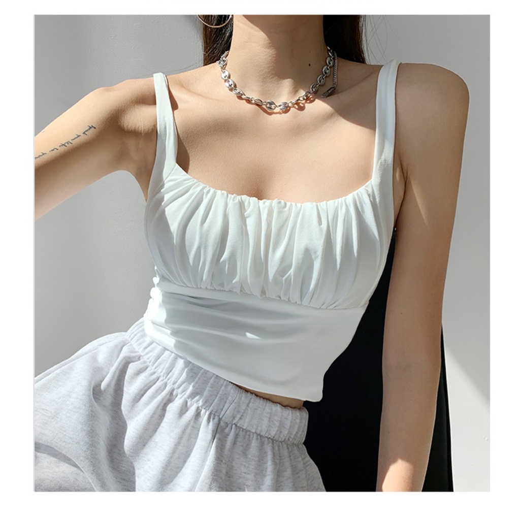 Áo hai dây thun croptop cổ U nhún ngực sexy phom ôm màu trơn BS30