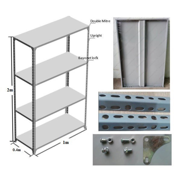 Kích thước: Dài 1 mét, rộng 0,4 mét, cao 2 mét gồm có 4 tầng của  Kệ sắt V lỗ đựng đồ đa năng