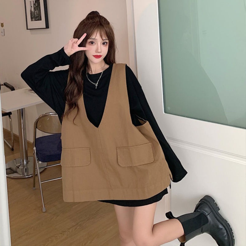 Set Áo Sơ Mi Tay Dài Và Áo Khoác Ghi Lê Cổ Chữ V Thời Trang Phong Cách Hàn Quốc Cho Nữ